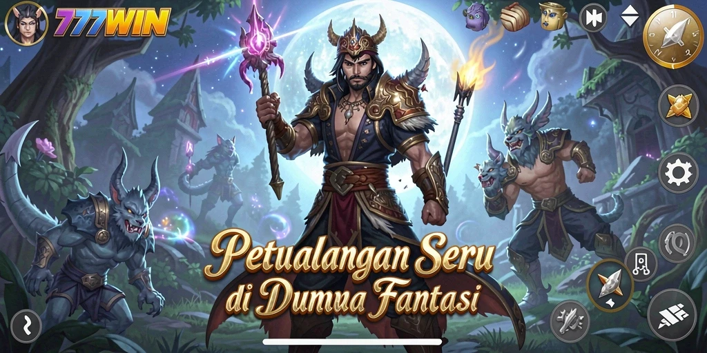 Tampilan utama gameplay 777WIN yang menampilkan petualangan di dunia fantasi.