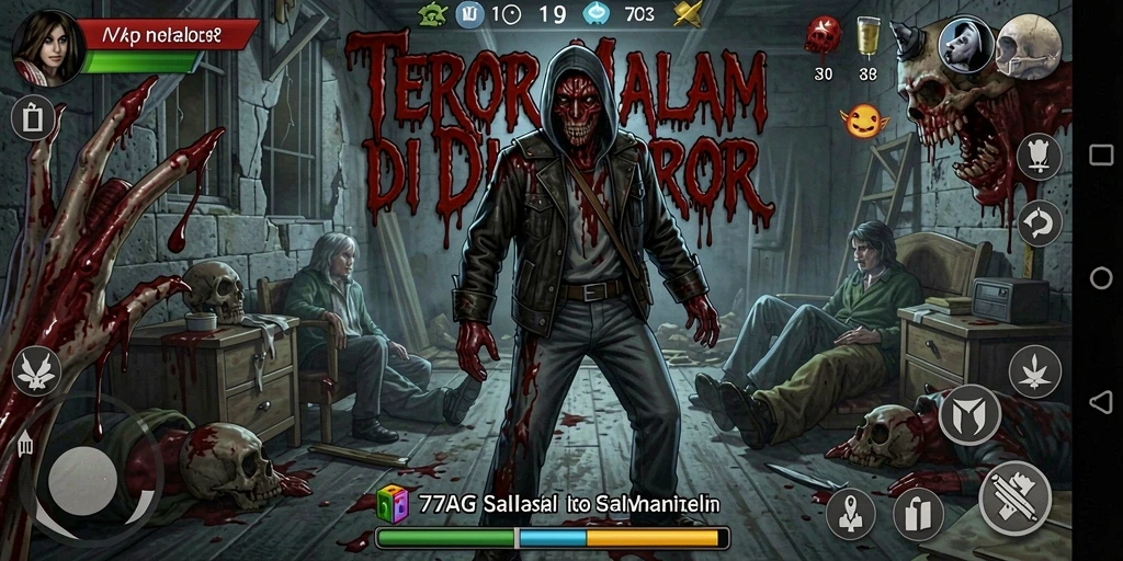 Tangkapan layar utama 77AG menunjukkan karakter dalam kegelapan penuh ketegangan.