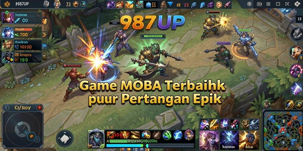 Screenshot dari gameplay 987UP menampilkan pertempuran MOBA yang intens.