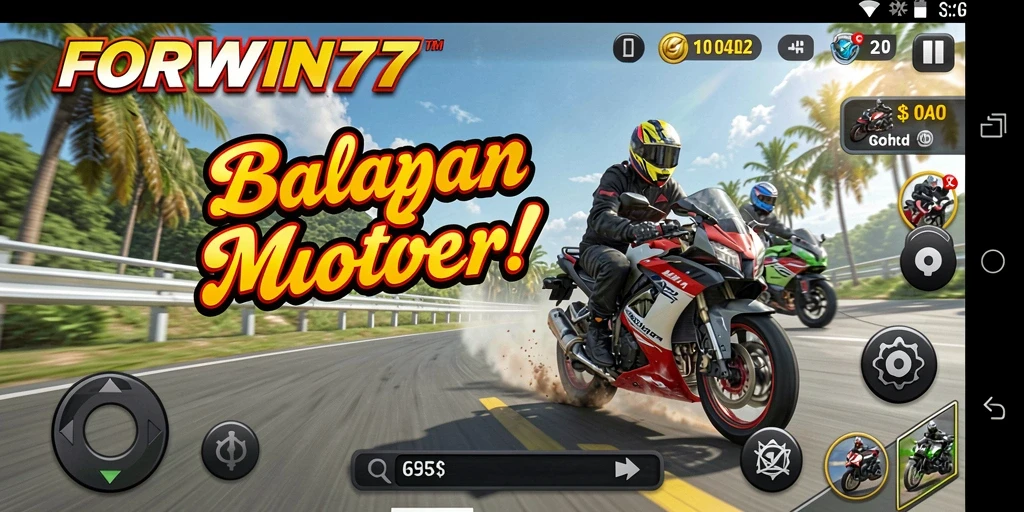 Screenshot utama FORWIN77 menampilkan aksi balapan motor yang mendebarkan.