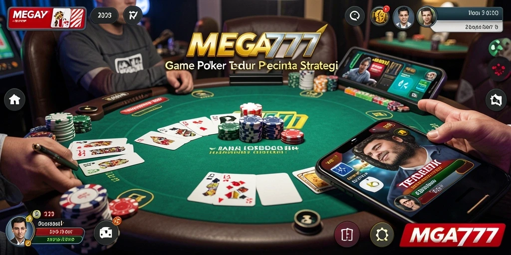 Screenshot MEGA777 menunjukkan gameplay Poker yang mendebarkan dan interaktif.