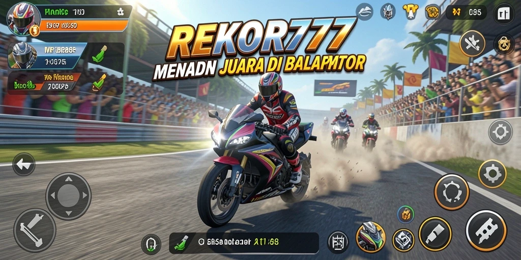 Tampilan gameplay mendebarkan di REKOR777 dengan motor balap yang beraksi.