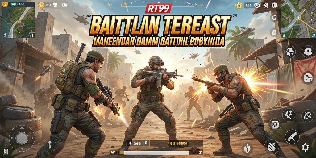 Screenshot utama RT99 menampilkan aksi pertempuran Battle Royale yang mendebarkan.