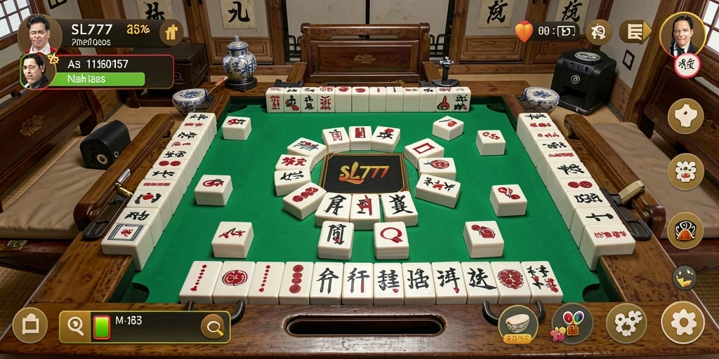 Tangkapan layar gameplay SL777 yang menampilkan papan Mahjong yang penuh warna.